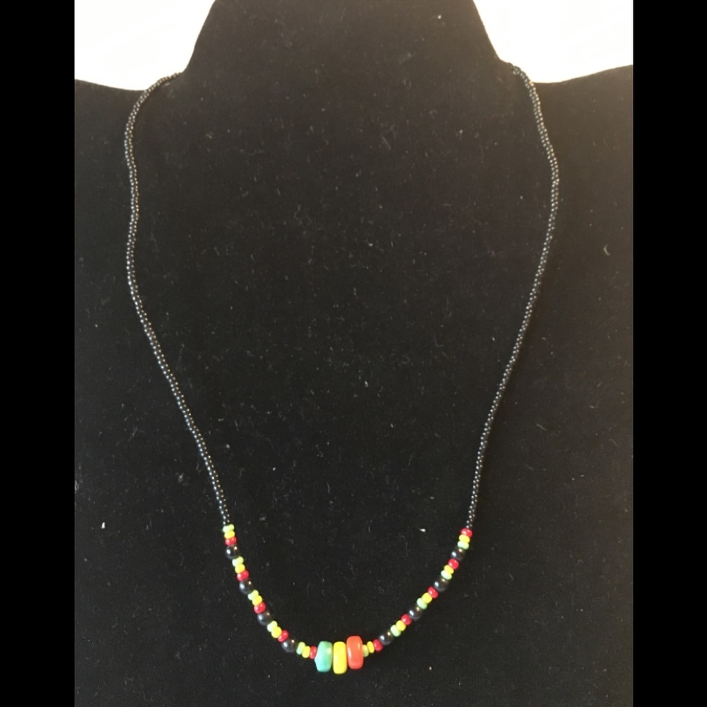 Black, red and green beaded necklace 9” in length